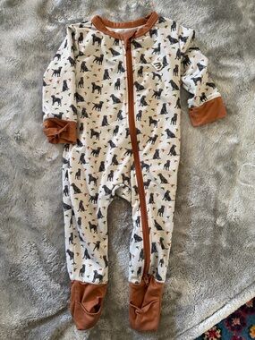 BURLEBO Cream Footed Pajamas with Rust Trim and Black Dog Print